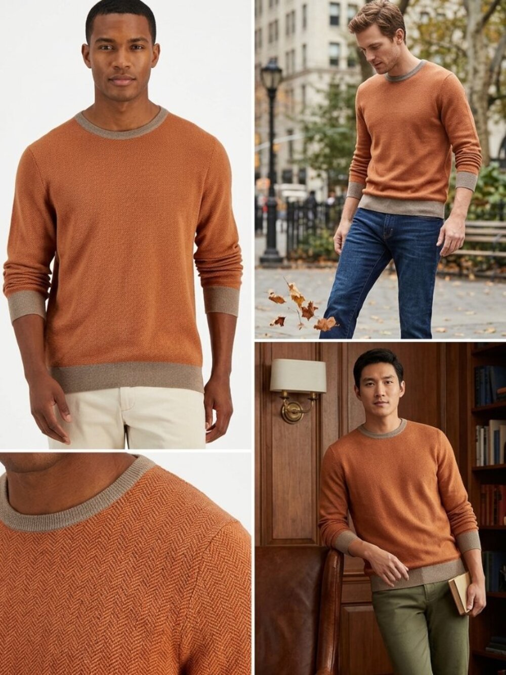 Club Room Pullover Sweater Men Size S Herringbone Crewneck Trim Cuff Light Brown